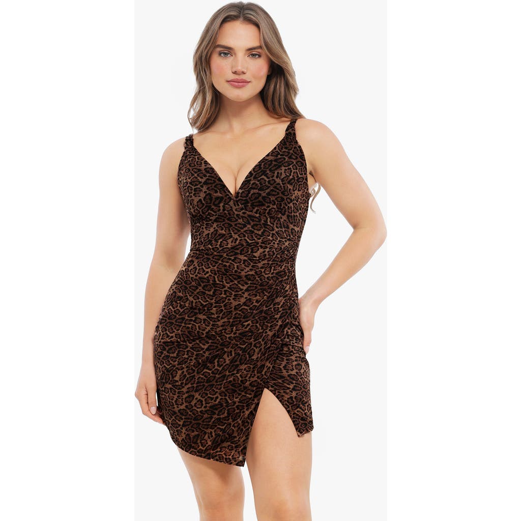 Popilush Shapewear Leopard Sculpting Side Slit Mini Dress In Leopard Brown