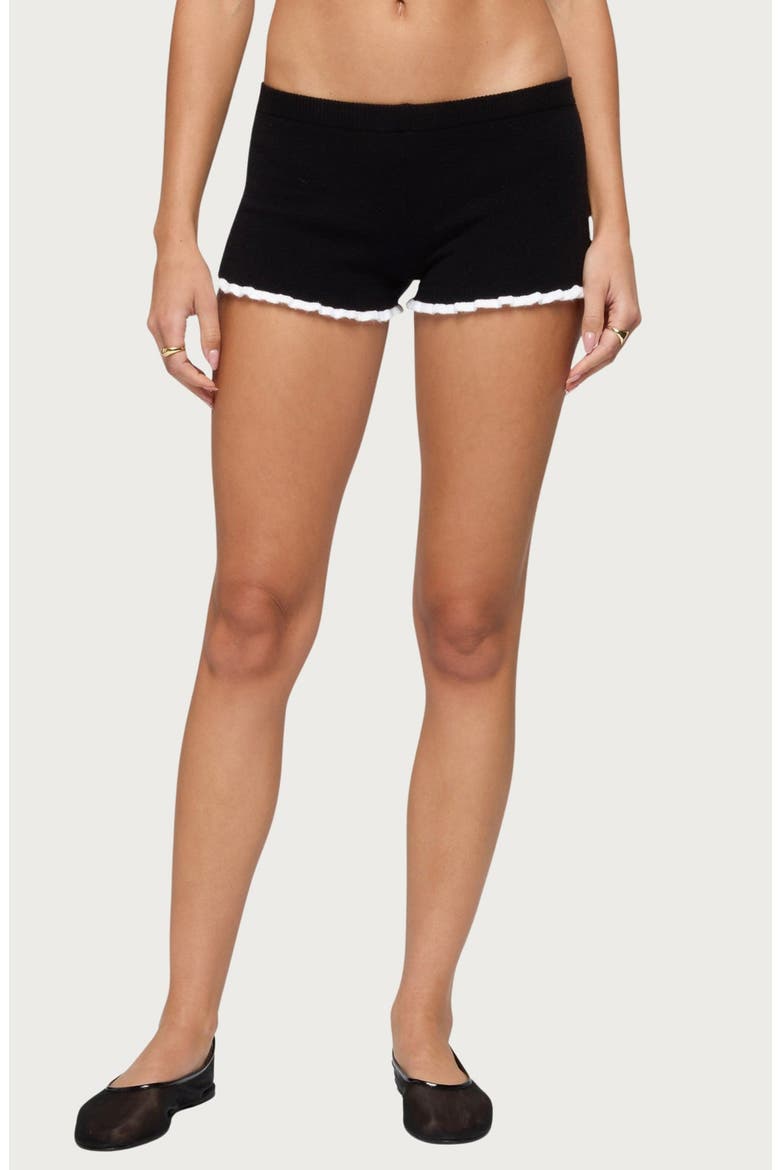Saffra Contrast Ruffle Knit Micro Shorts, Main, color, BLACK