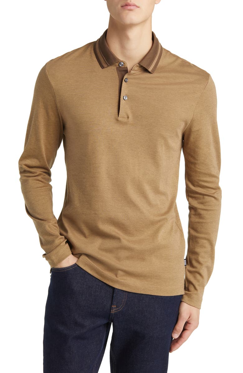 BOSS Pleins Tipped Long Sleeve Polo, Main, color, Open Grn