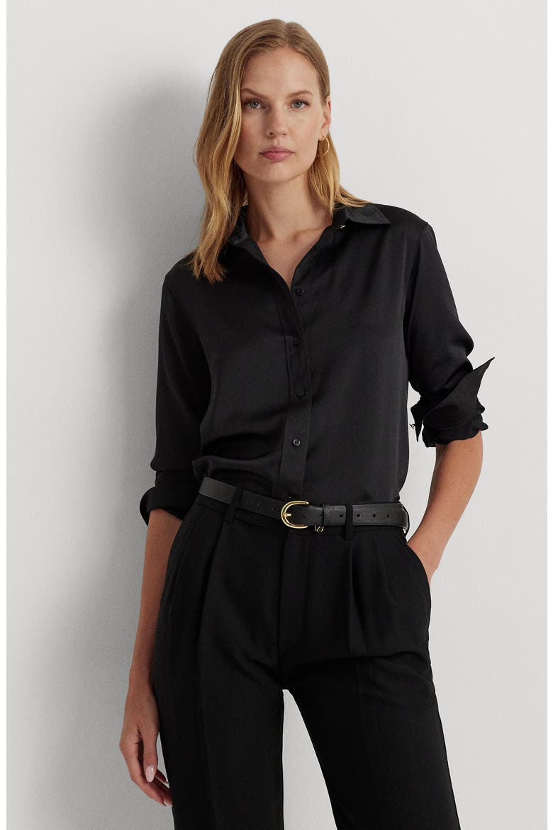 Classic Fit Satin Charmeuse Shirt, Alternate, color, BLACK
