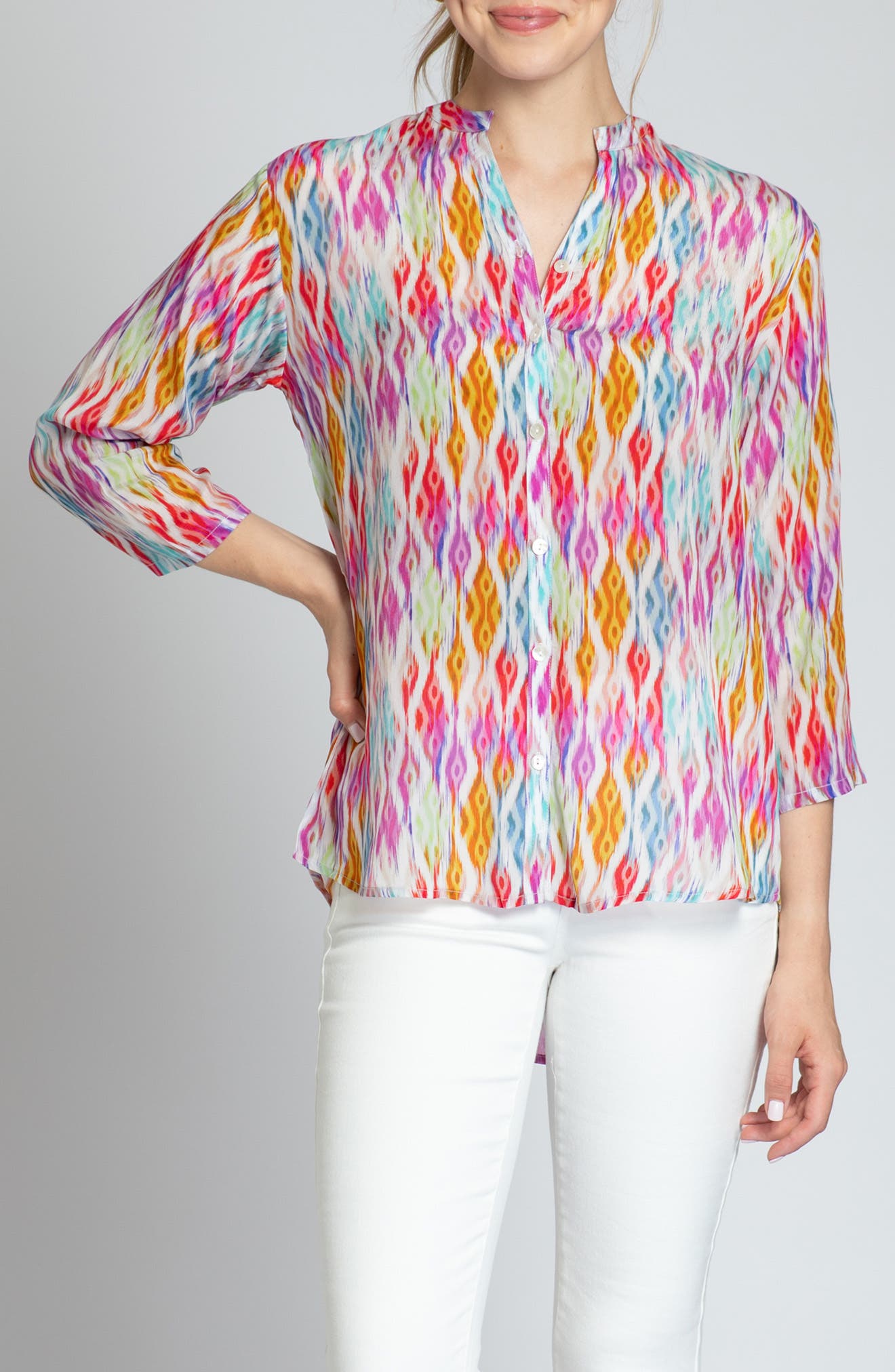 Print Mandarin Collar Chiffon Button-Up Top - image 3