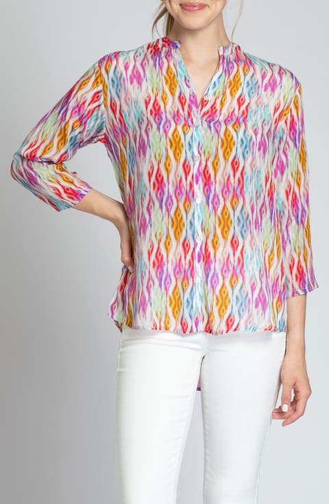 Print Mandarin Collar Chiffon Button-Up Top