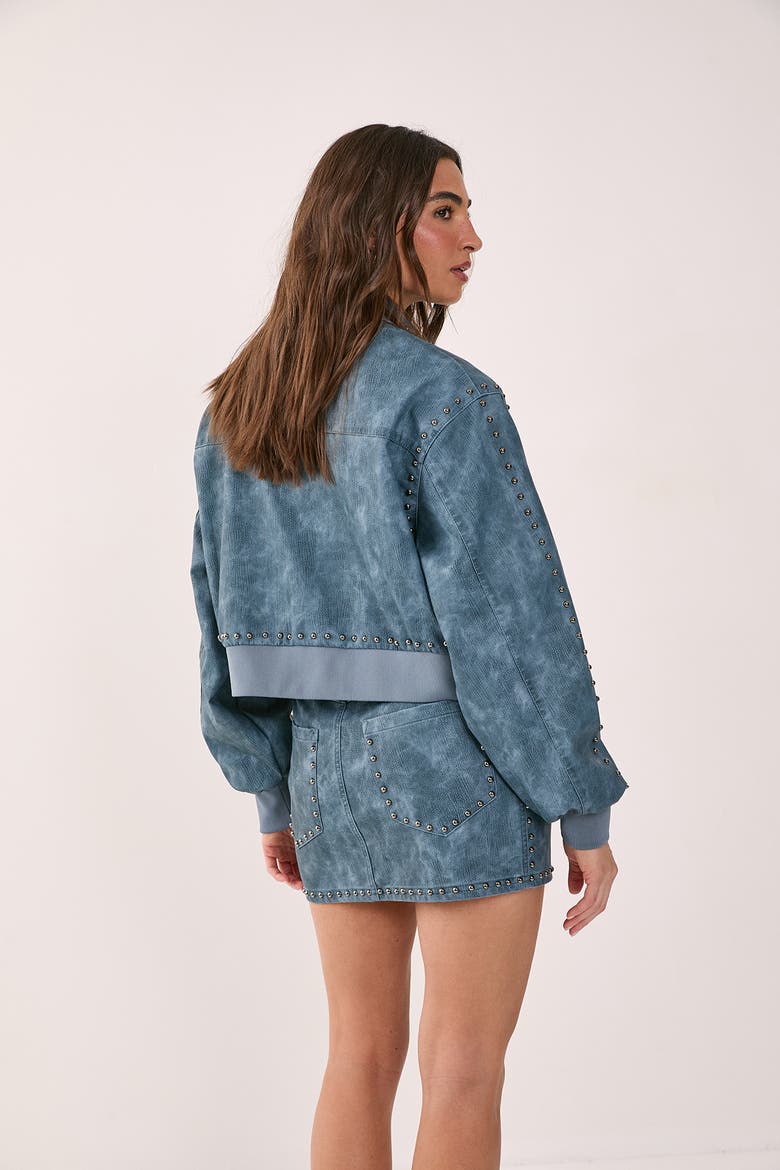 Leather Studded Bomber Jacket, Alternate, color, Blue