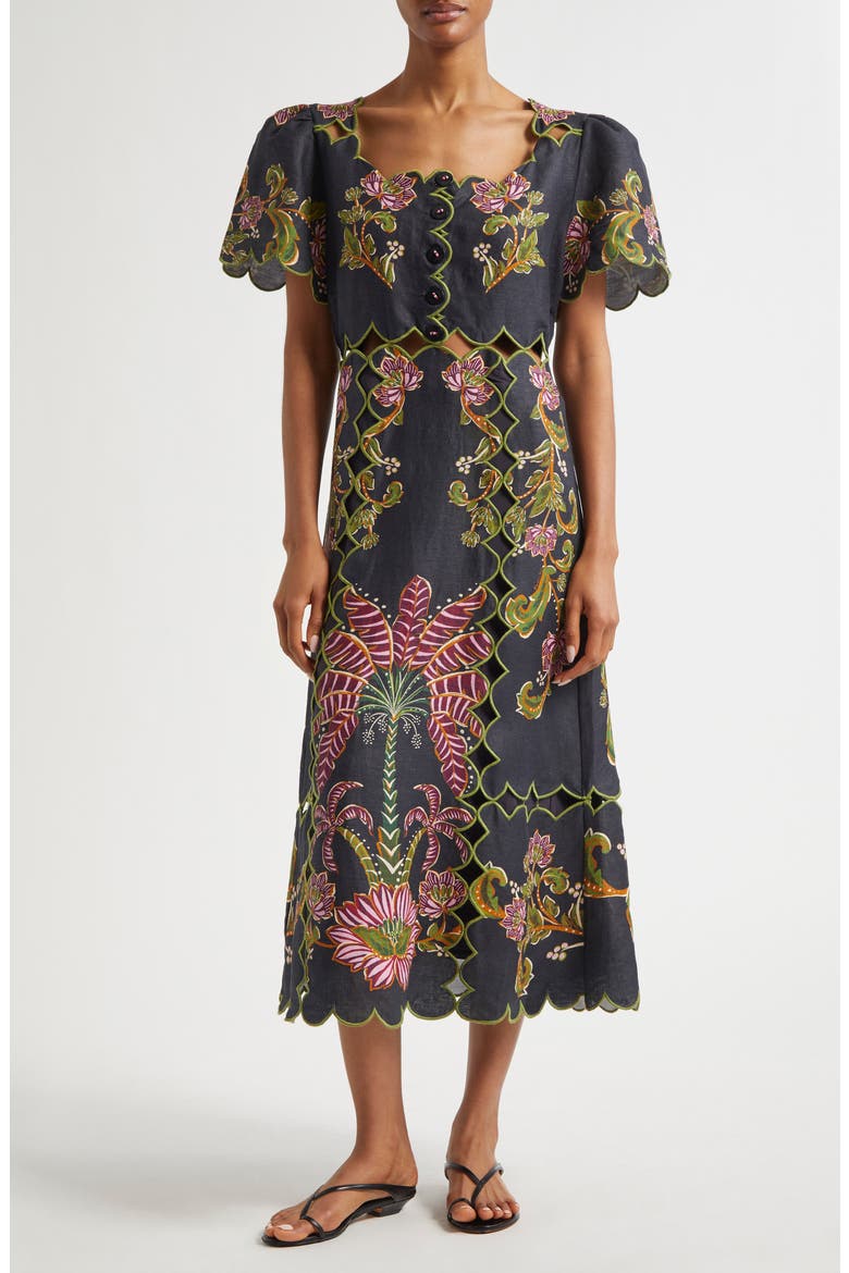 Ravenala Floral Short Sleeve Midi Dress, Main, color, RAVENALA BLACK