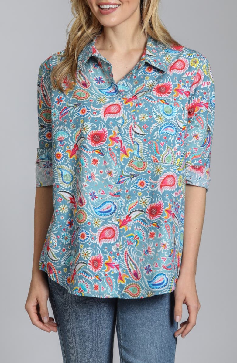 APNY Print Cotton Button-Up Shirt, Main, color, Blue Multi