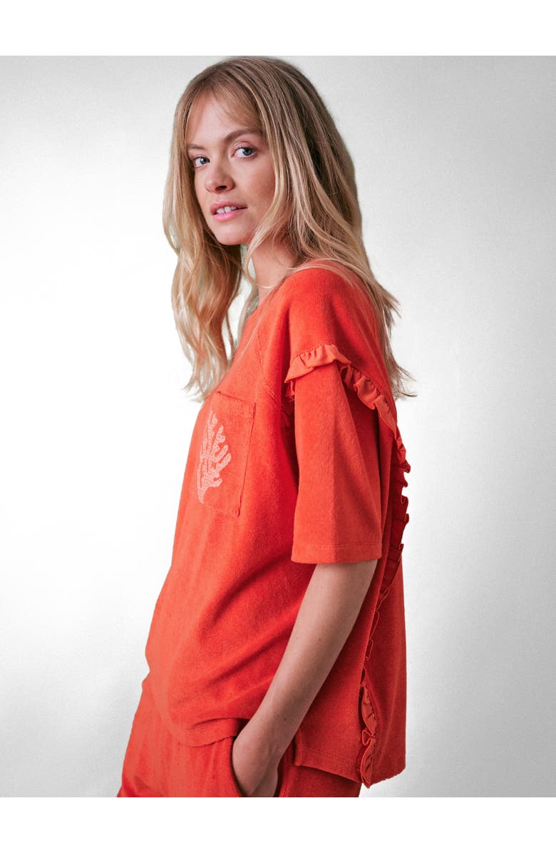 Cape Cove Sea Coral Terry Frill Top, Alternate, color, Burnt Orange