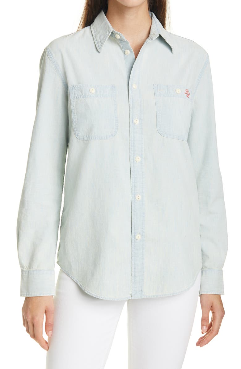 Polo Ralph Lauren Polo Bear Graphic Chambray Button-Up Shirt, Main, color, 