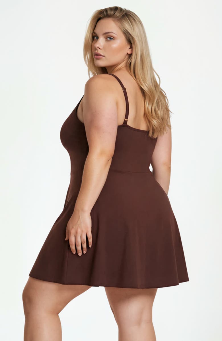 Calypsa Plus Size Alana Wrap-Style Swim Dress With Hidden Bottoms and Adjustable Straps, Alternate, color, Chocolate Brown