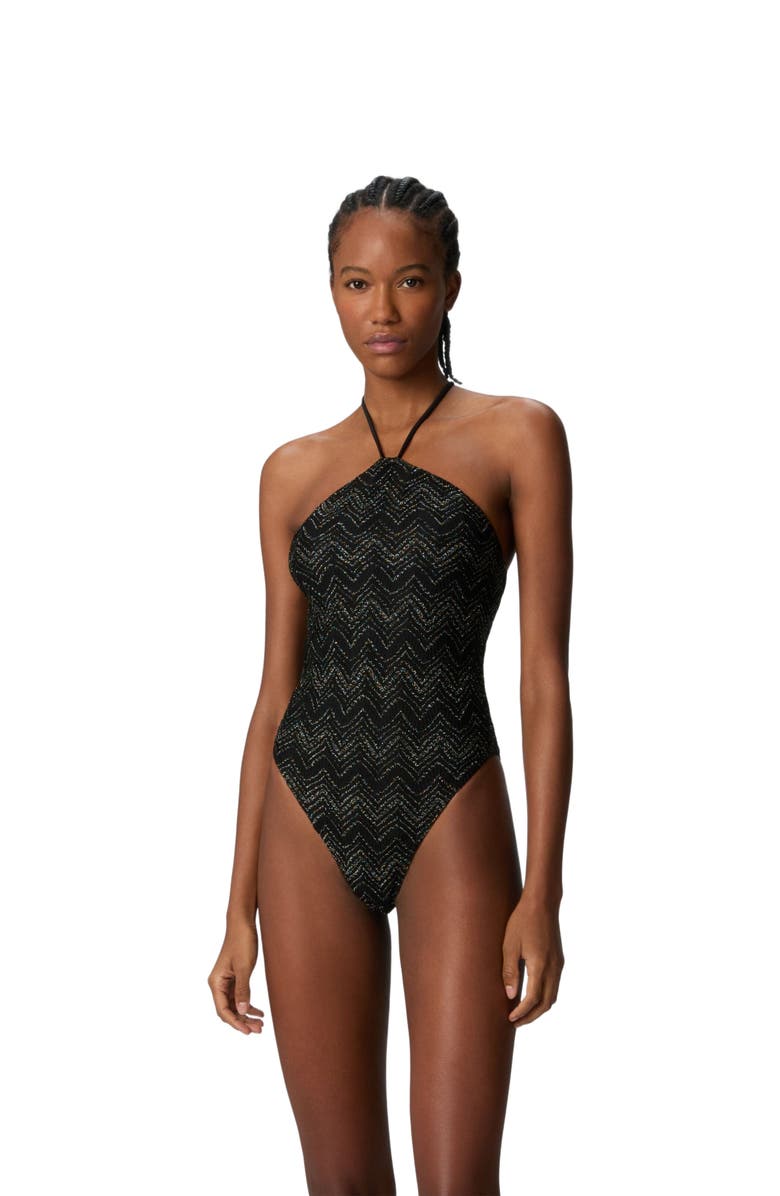 Missoni Zig Zag Lamé Viscose One-piece Swimsuit With Halter Neck, Main, color, Black 
Lamé