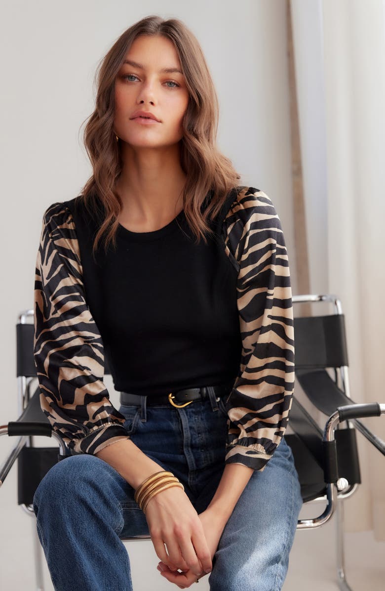 FIFTEEN TWENTY Lory Print Sleeve Velvet Top, Alternate, color, Black