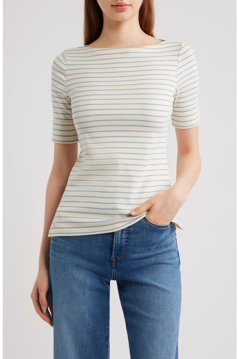 Stripe Stretch Cotton Boatneck Top, Main, color, CREAM/ DUSTY SKY