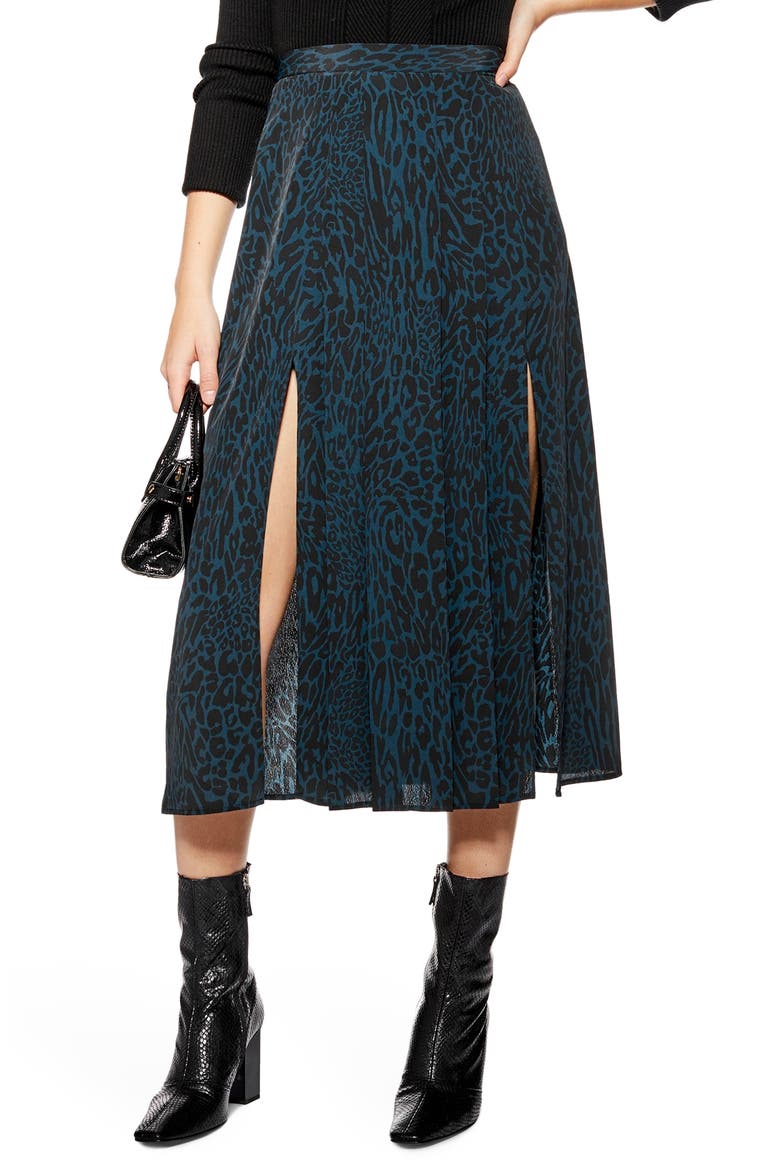 Box Pleat Midi Skirt, Main, color, BLUE MULTI