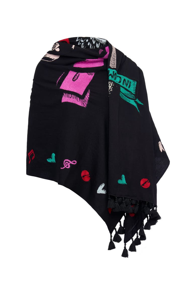 Embroidered Scarf With Tassels, Main, color, Black