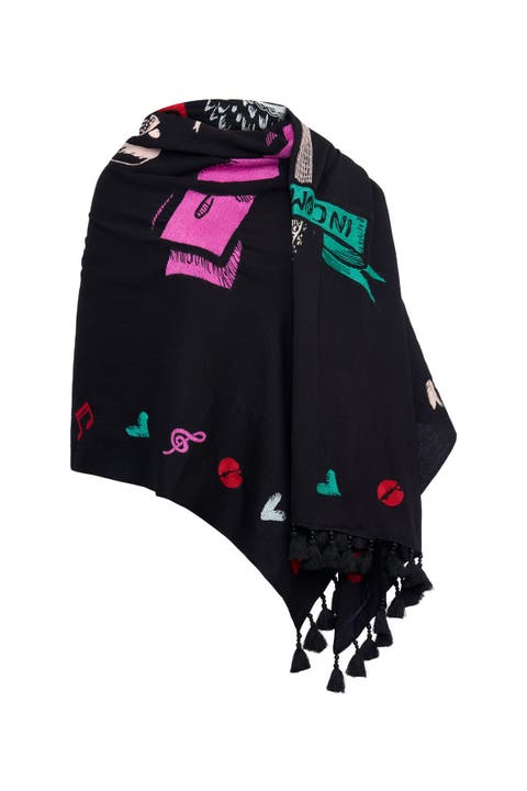 Embroidered Scarf With Tassels