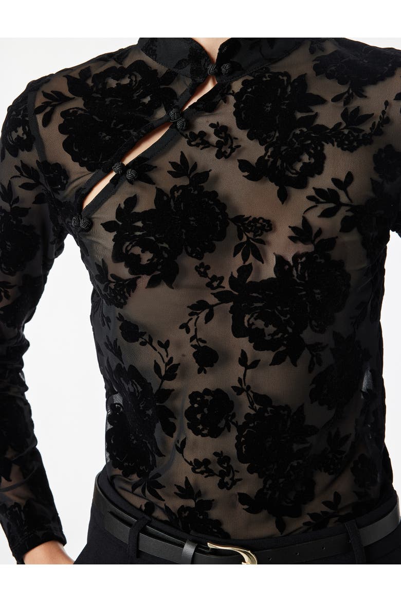 Long Sleeve High Qipao Neck Floral Mesh Top, Alternate, color, BLACK DESIGN