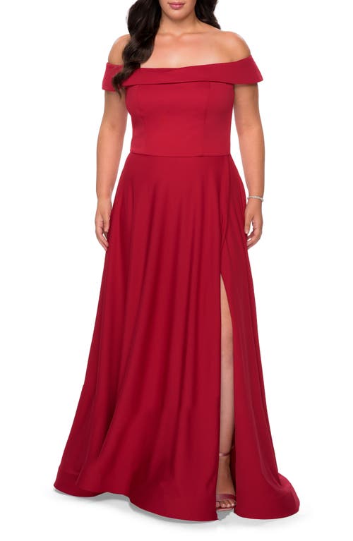 La Femme Off The Shoulder Plus Size Dress With Leg Slit In Red