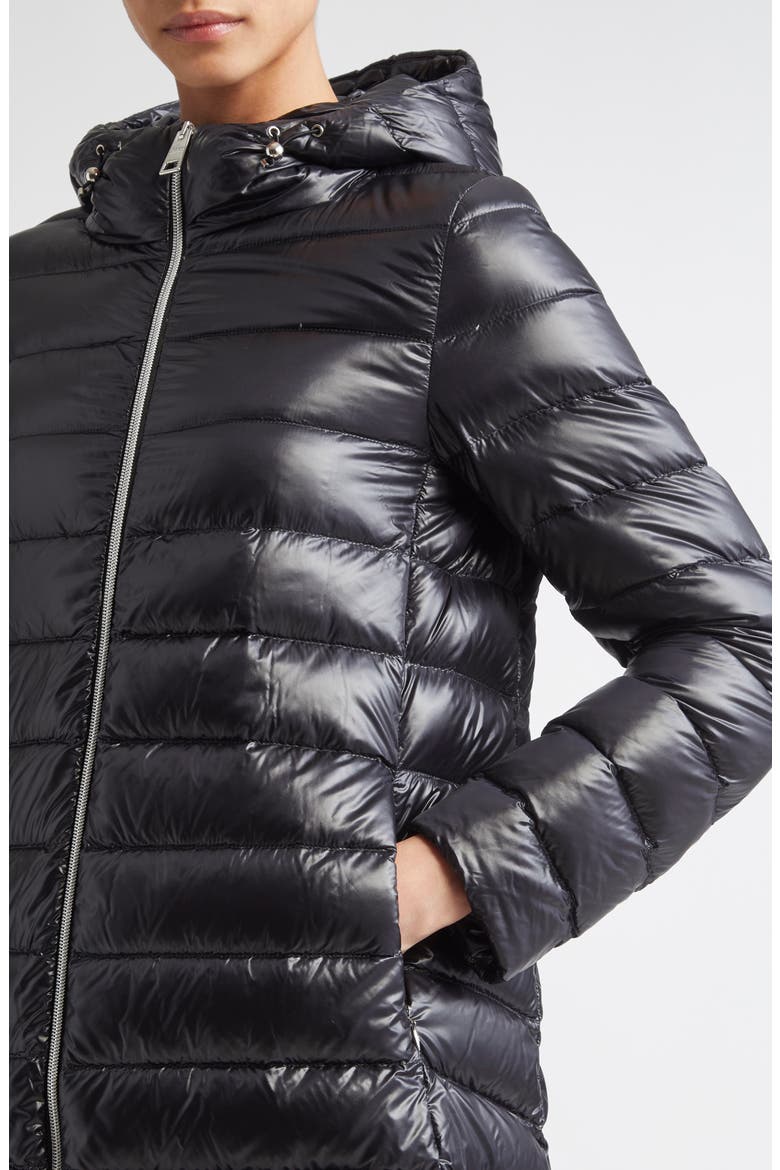 Shiny Nylon Hooded Down Puffer Jacket, Alternate, color, BLACK