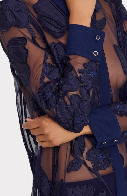 Milly Ashton Grand Fleur Appliqué Sheer Button-up Shirt In Blue