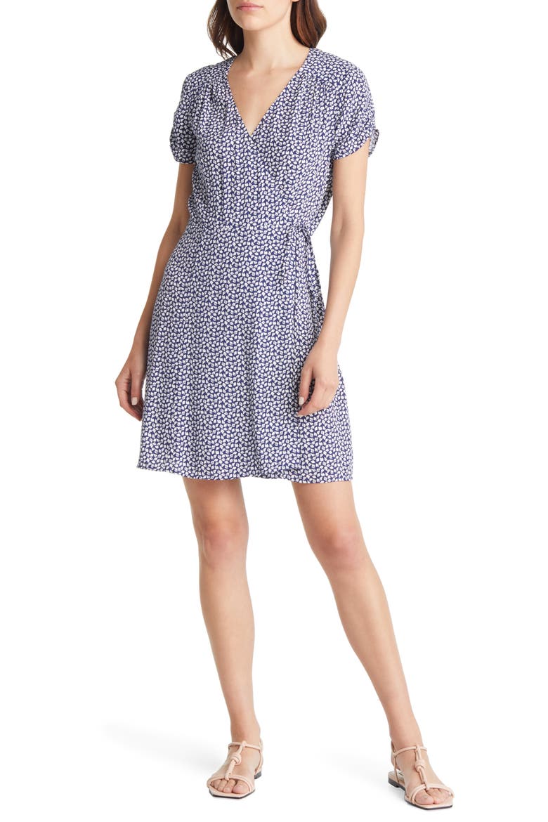 Print Short Sleeve Wrap Dress, Main, color, NAVY/ WHITE AOP