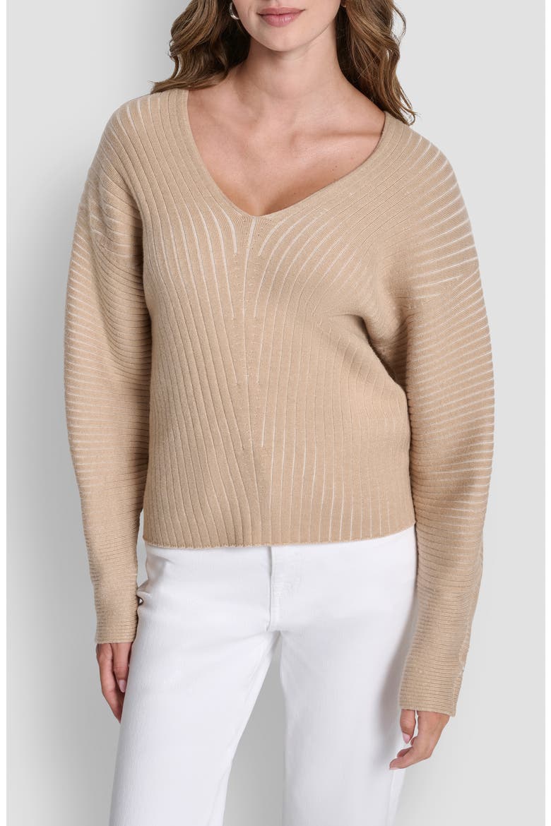 Transfer Rib V-Neck Sweater, Main, color, TRAVERTINE/ IVORY