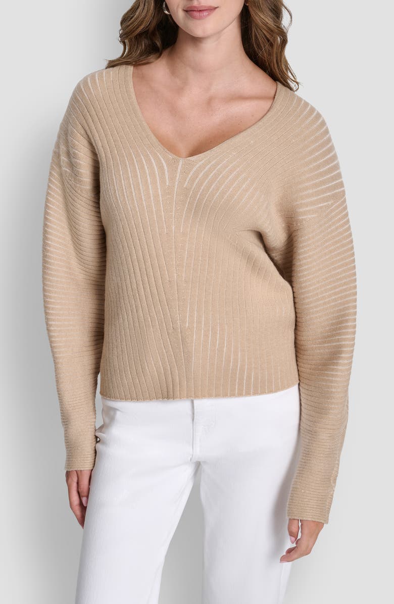 DKNY Transfer Rib V-Neck Sweater, Main, color, Travertine/ Ivory