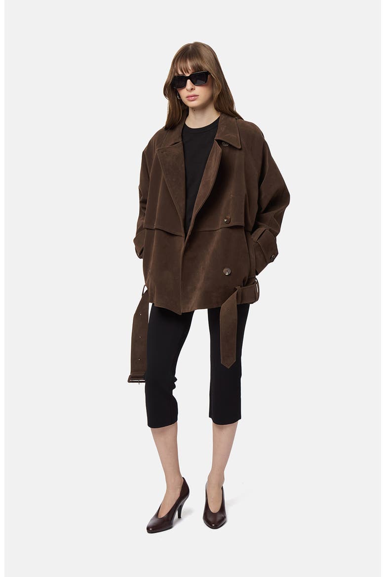 Gaia Faux Suede Short Trench Coat, Alternate, color, DARK BROWN