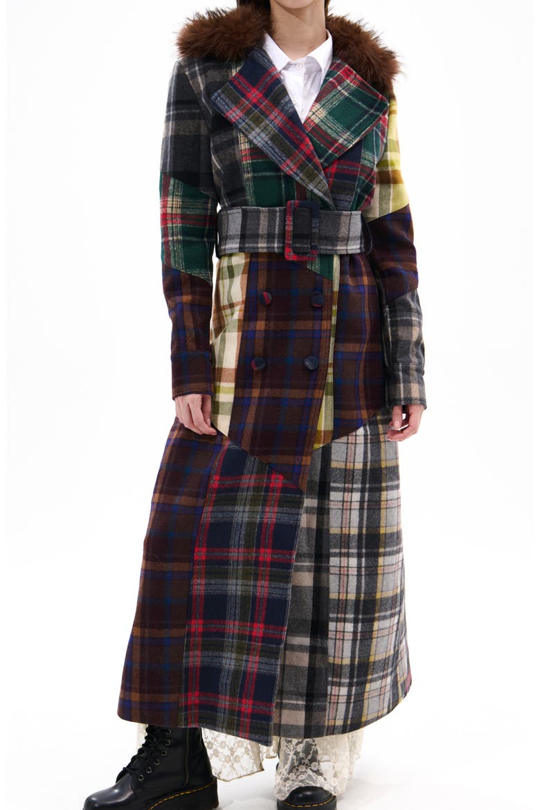 Cadault Plaid Patchwork Trench Coat, Main, color, BROWN MULTI