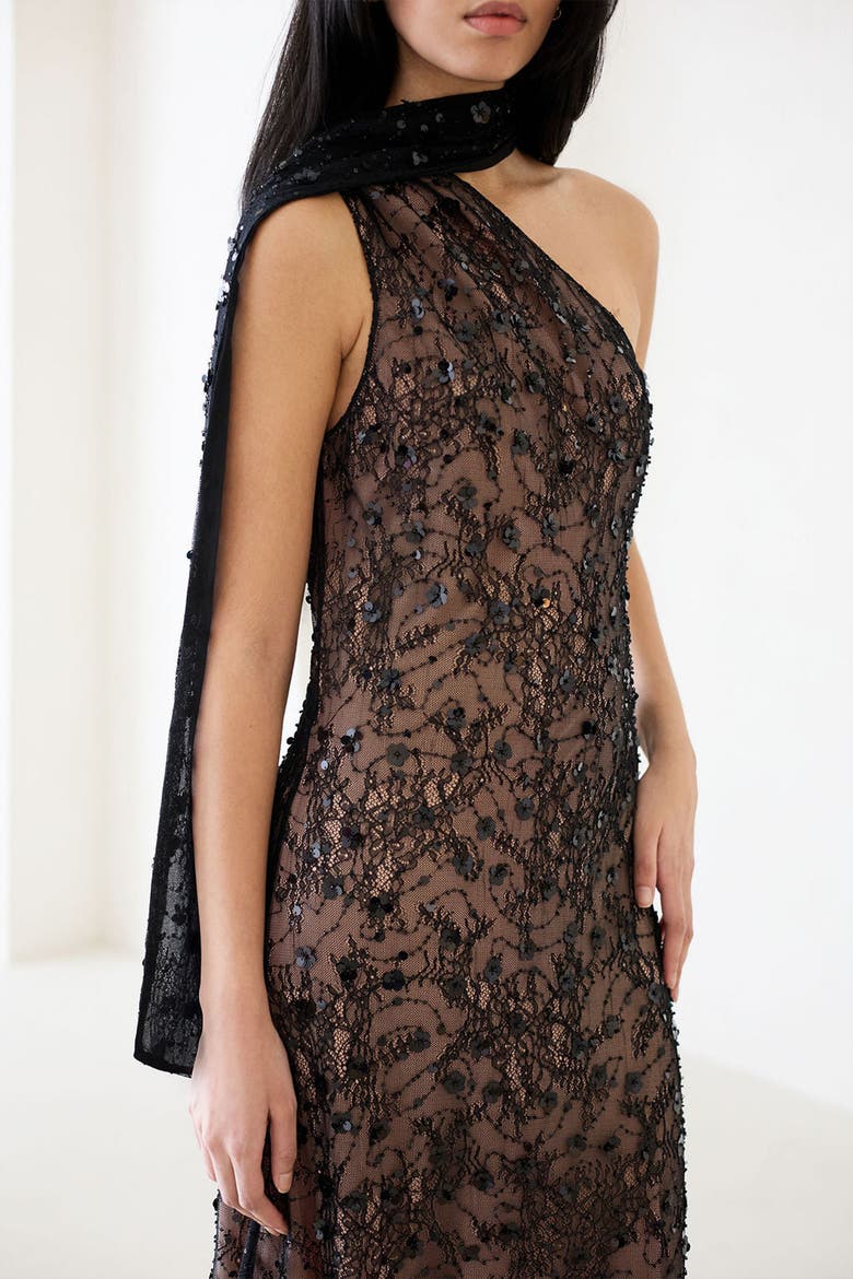 Liya Shadow Lace Feather Dress, Alternate, color, Black Lace