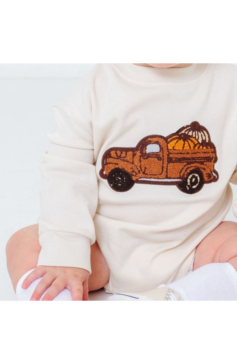Sweet Wink Fall Truck Patch Long Sleeve Romper, Alternate, color, Natural