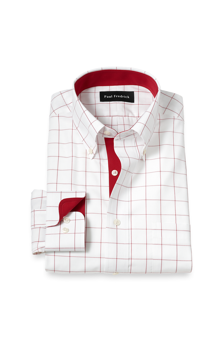 Paul Fredrick Tailored Fit Non-iron Cotton Windowpane Dress Shirt With Contrast Trim, Main, color, Red