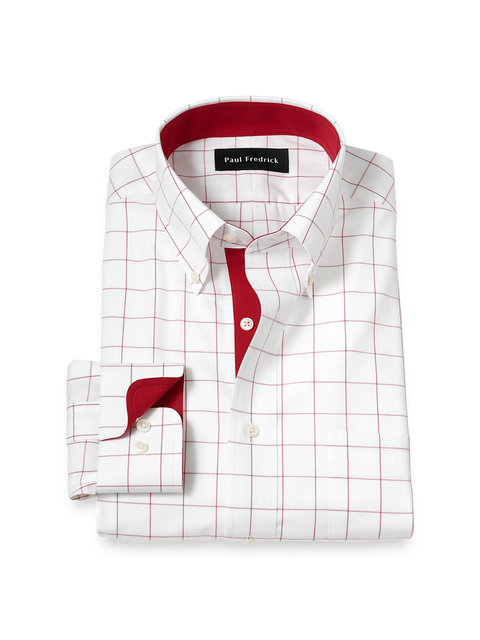 Tailored Fit Non-iron Cotton Windowpane Dress Shirt With Contrast Trim