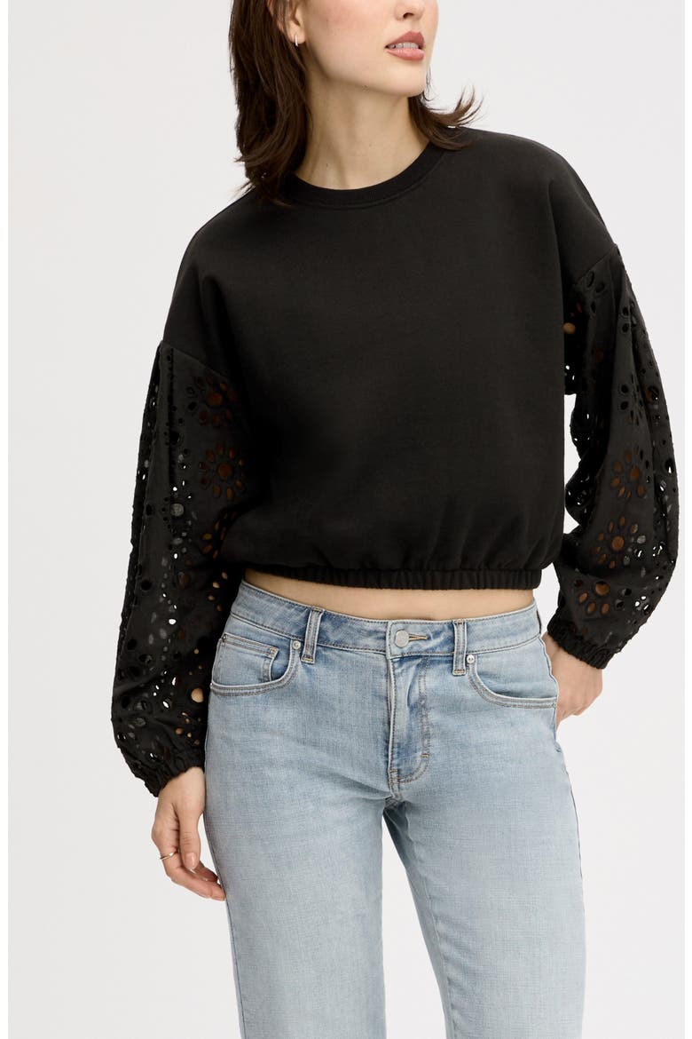 Eyelet Mixed Media Sweatshirt, Main, color, TRUE BLACK