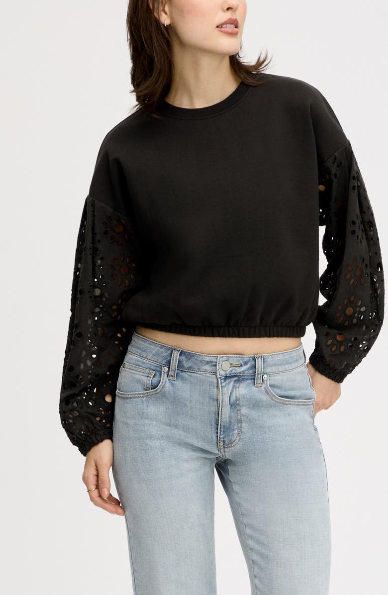 Sam Edelman Eyelet Mixed Media Sweatshirt, Main, color, True Black