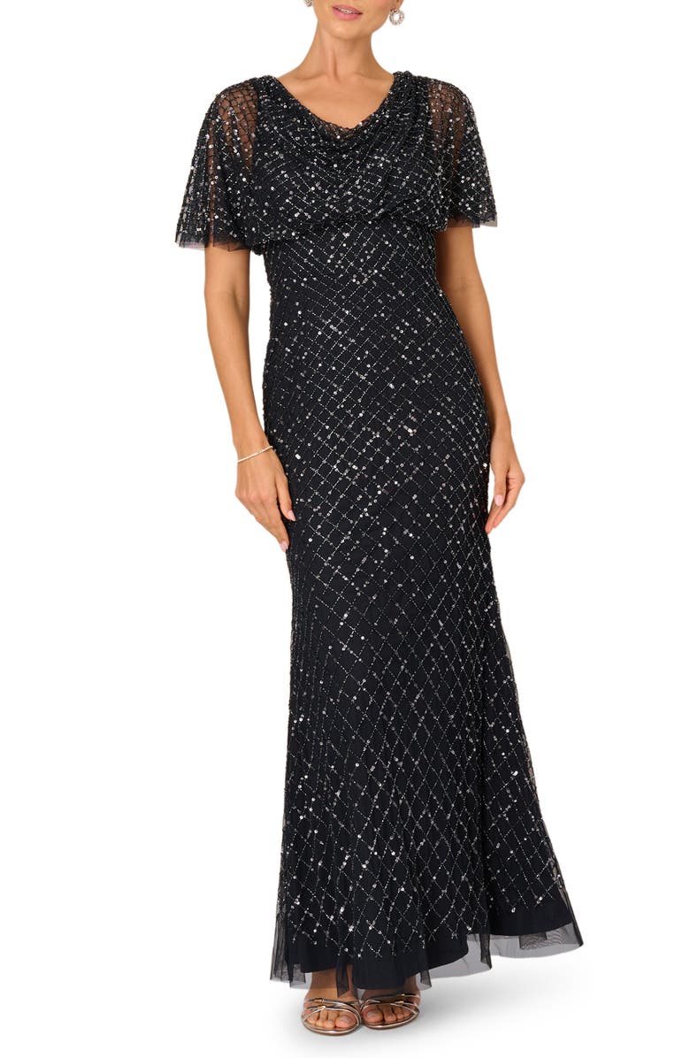 Adrianna Papell Beaded Cowl Neck Evening Gown, Main, color, Midnight