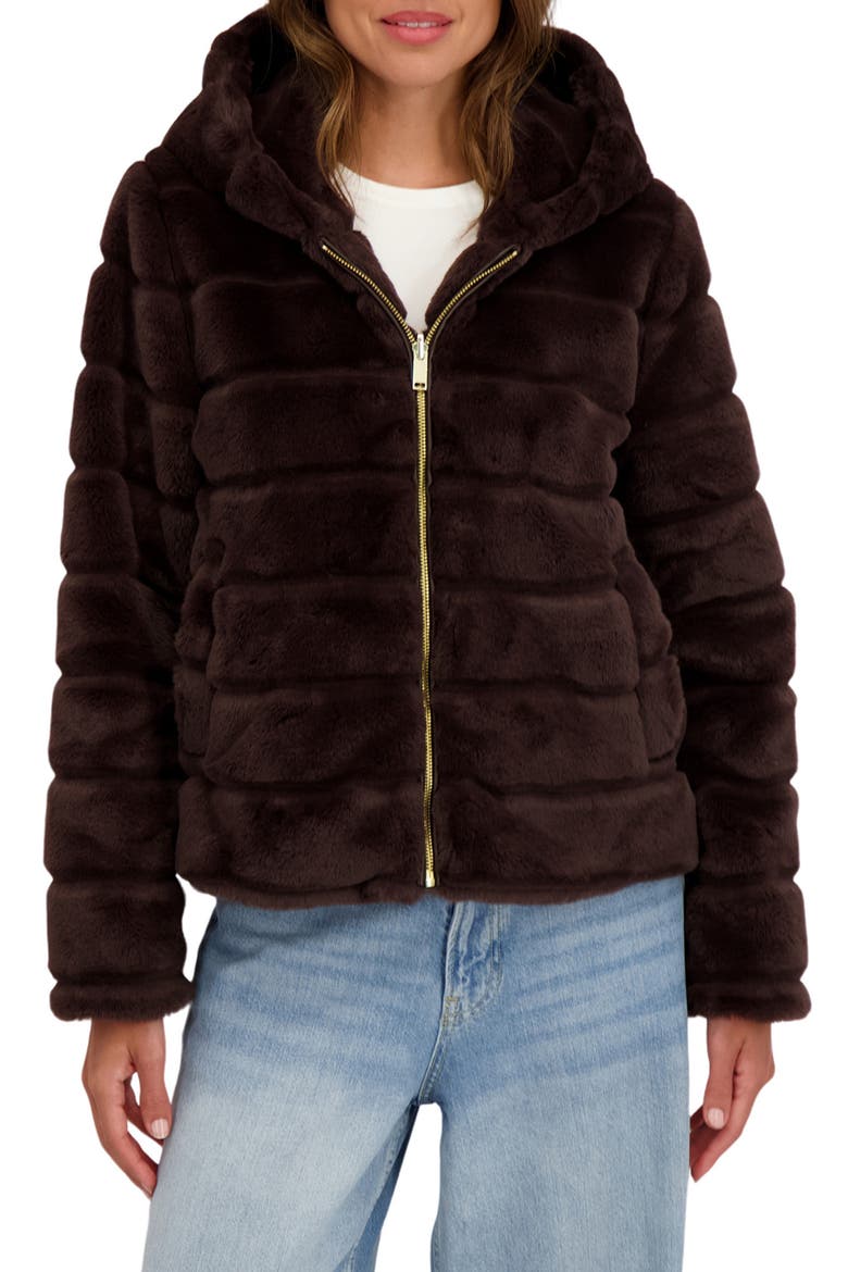 Hooded Faux Fur Jacket, Main, color, BROWN