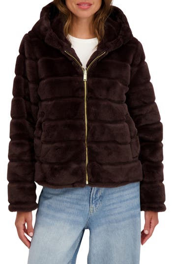 Sebby Hooded Faux Fur Jacket In Brown