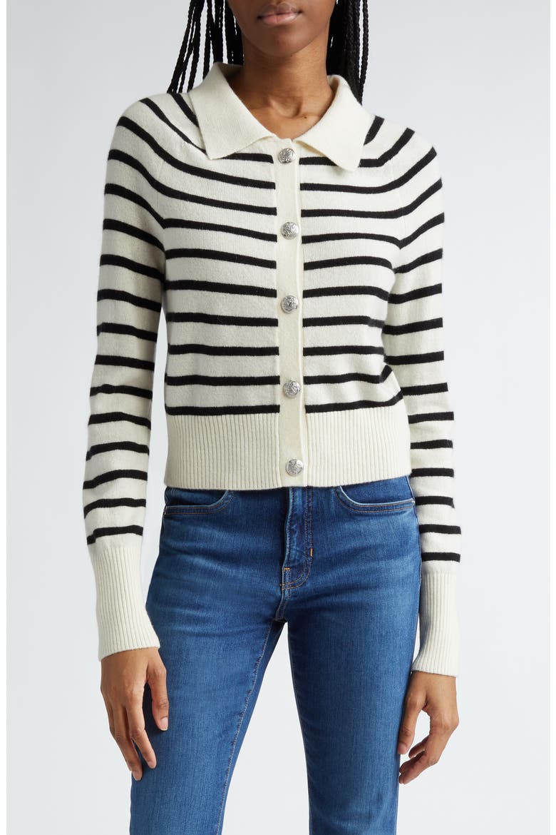 Cheshire Cashmere Cardigan Sweater, Main, color, OFF WHITE BLACK