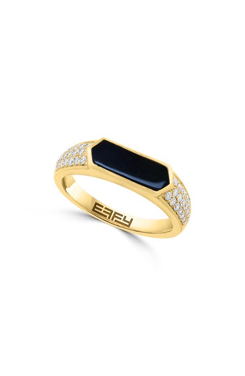 Gold Plated Sterling Silver Onyx & Diamond Signet Ring