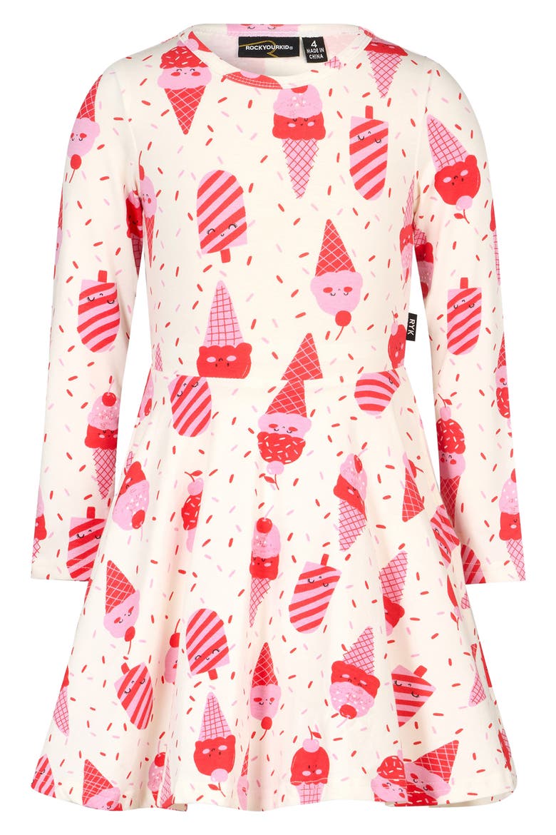 Kids' Fit & Flare Long Sleeve Stretch Cotton Dress, Alternate, color, CREAM