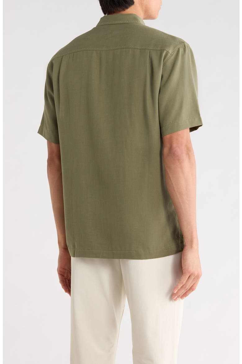 Herringbone Short Sleeve Silk Button-Up Camp Shirt, Alternate, color, DARK FERN