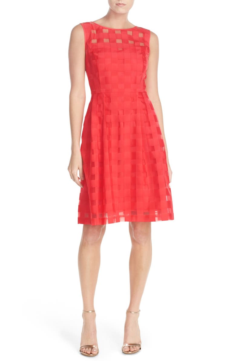 Ellen Tracy Windowpane Check Fit & Flare Dress, Alternate, color, Coral