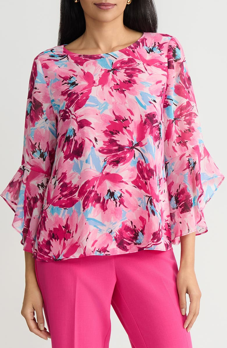 KASPER Floral Print Flutter Sleeve Top, Main, color, 