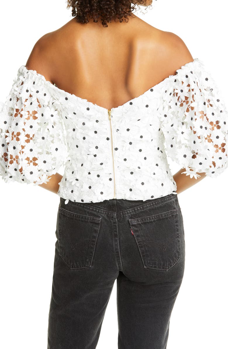 Self-Portrait Daisy Guipure Lace Puff Sleeve Off the Shoulder Top, Alternate, color, 