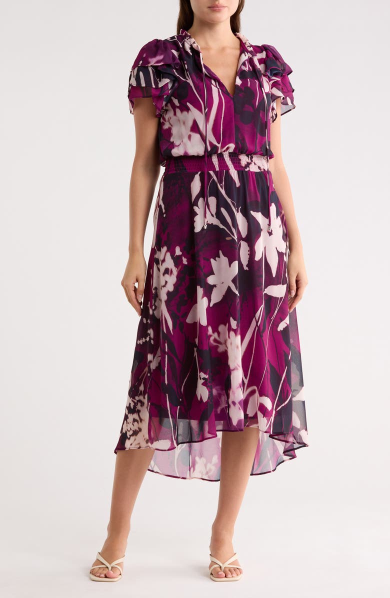 DKNY Floral Flutter Sleeve Chiffon High-Low Dress, Main, color, African Violet