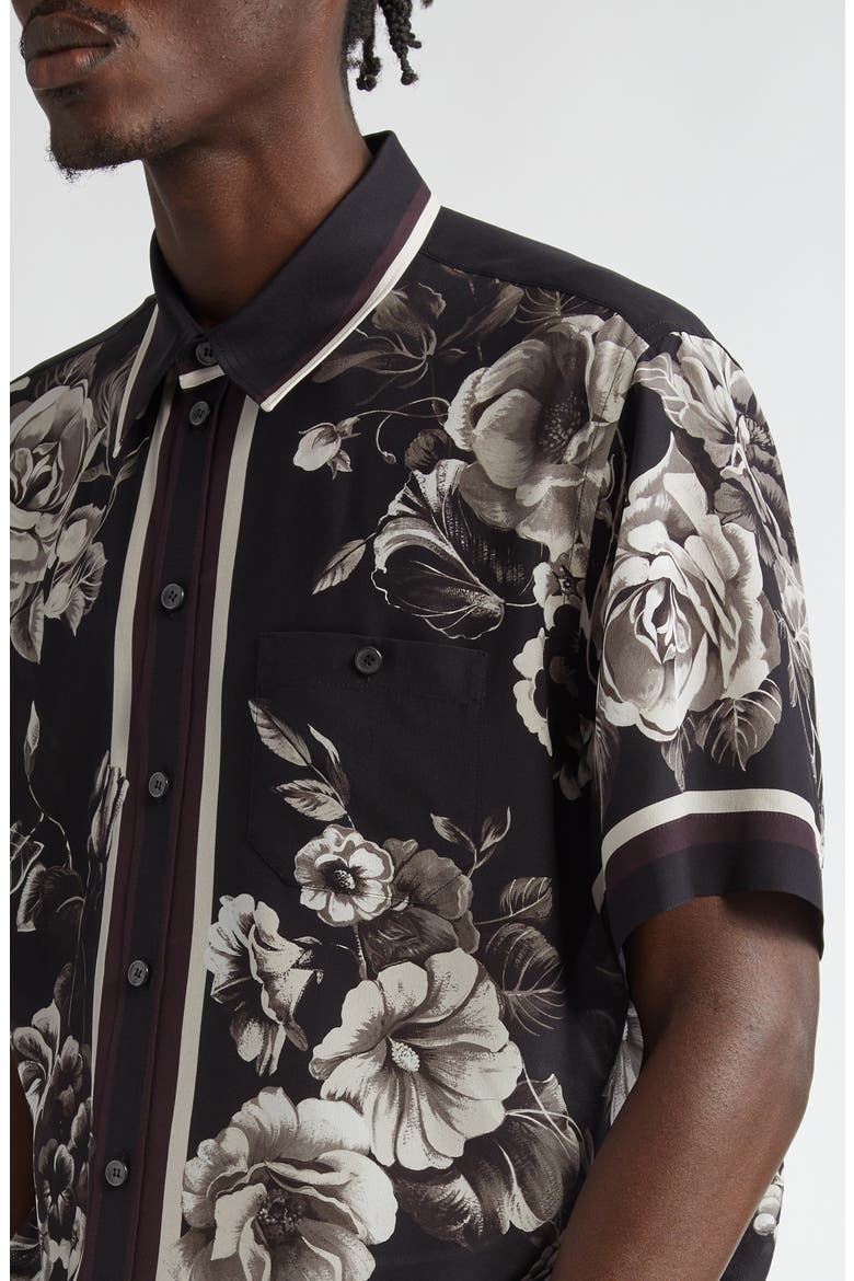 Floral Short Sleeve Silk Button-Up Shirt, Alternate, color, HN5DY FIORI GRIGI FDO NERO