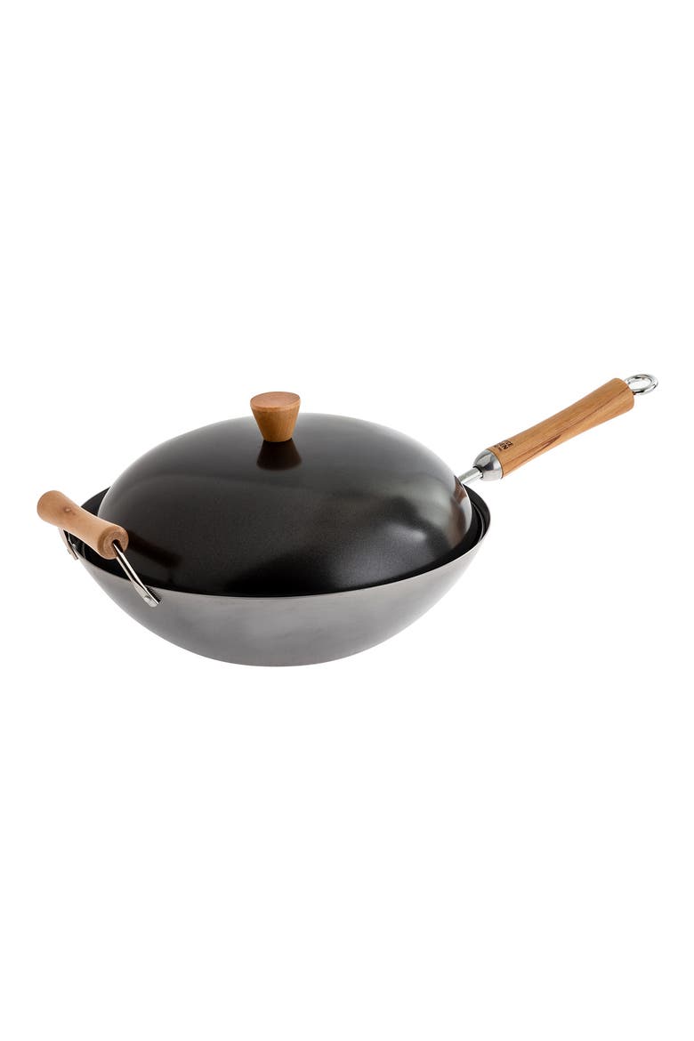 Uncoated Carbon Steel Flat Bottom Wok Set with Lid and Birch Handles, 4 Pieces, Main, color, SILVER