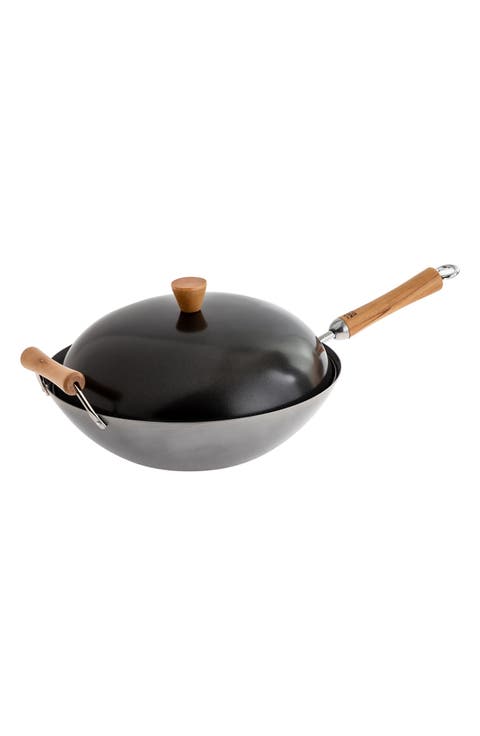 Uncoated Carbon Steel Flat Bottom Wok Set with Lid and Birch Handles, 4 Pieces