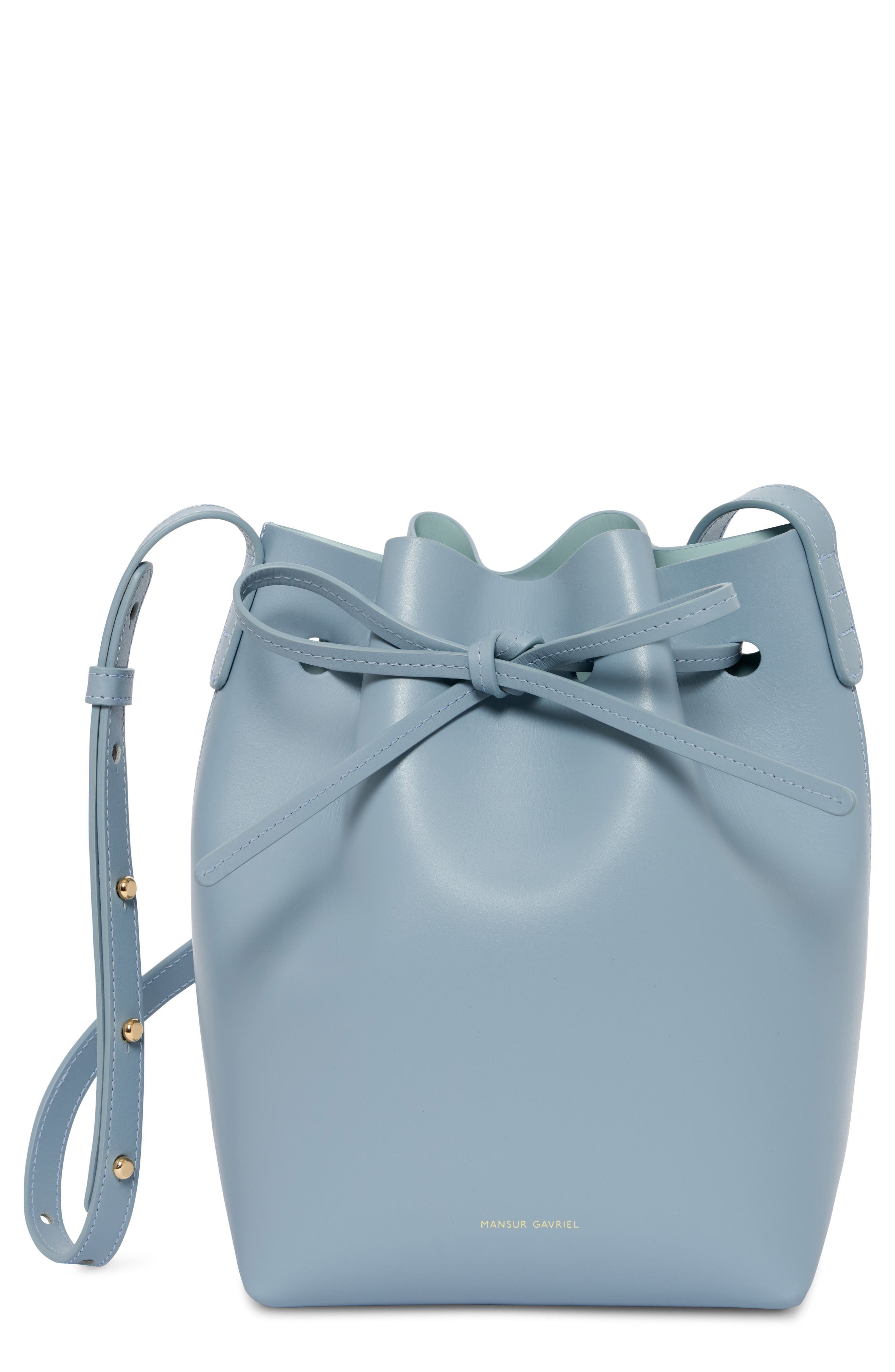 Mini Leather Bucket Bag, Main, color, GREY BLUE