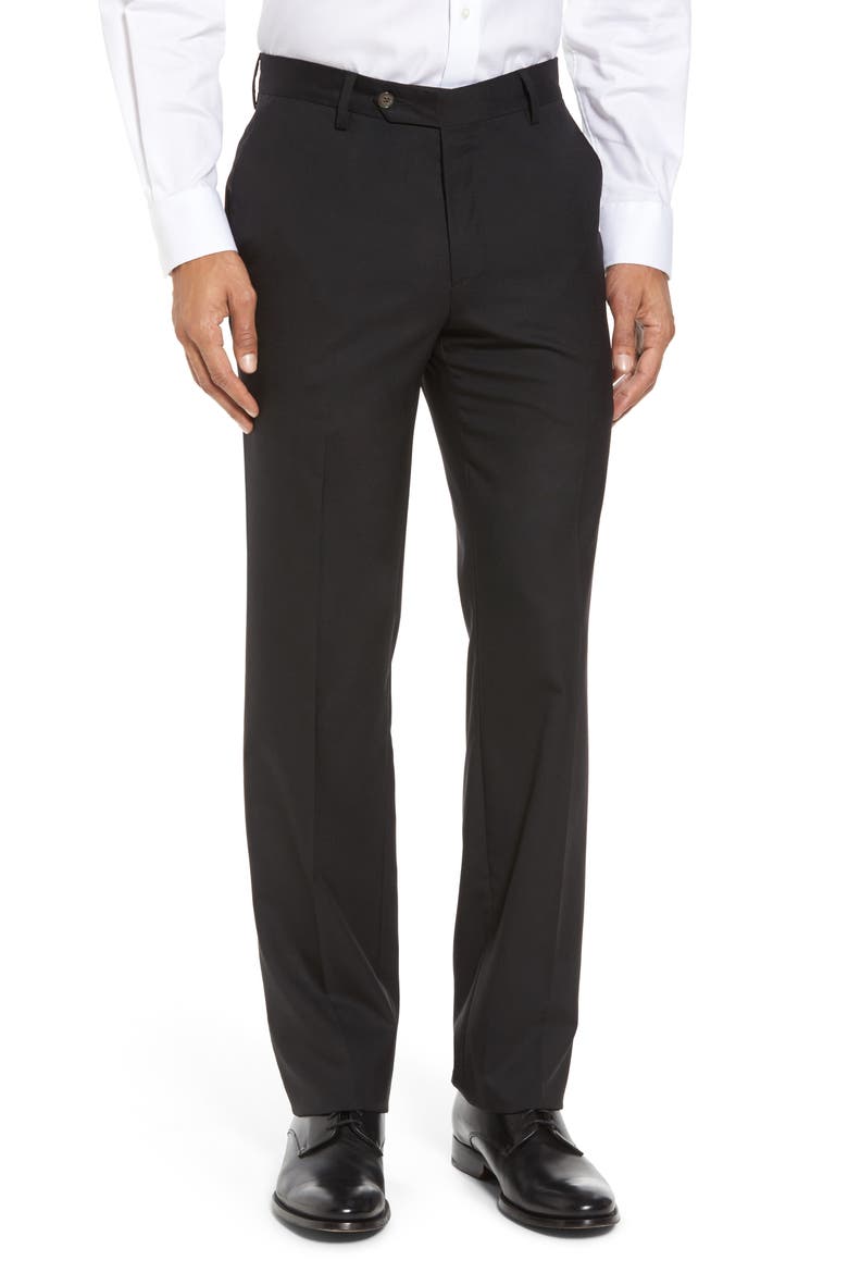 Flat Front Stretch Solid Wool Trousers, Main, color, BLACK