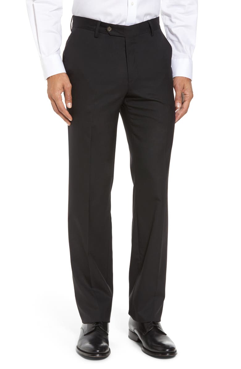 Berle Flat Front Stretch Solid Wool Trousers, Main, color, Black